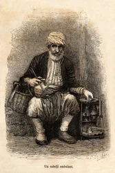 Ein reisender Kaffeehändler (Cafedji) im Basar von Trapezunt (heutiges Trabzon, an der Schwarzmeerküste), Gravur nach einer Zeichnung des Erzählers, zur Illustration einer Reise nach Lazistan und Armenien, 1869, von Theophile Deyrolle, veröffentlicht in „L