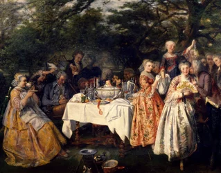 Picknick auf dem Land, im Garten eines Gasthauses am Stadtrand von Straßburg von Théophile Schuler (1821-1878), ca. 1750