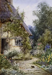 Ein Cottage-Garten mit einer Katze im Vordergrund; und eine Cottage-Grenze im Sommer