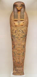 Ägyptischer Sarg einer unbenannten Person, dekoriert mit rituellen Szenen, ca. 1050 v. Chr.