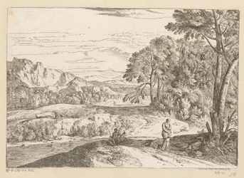 Arkadische Landschaft mit einem Fischer an einem Bach