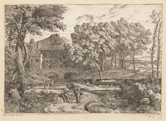 Arkadische Landschaft mit einer Ziegenherde am Wasser und einer Mutter mit Kind auf einem Weg mit weiteren Figuren