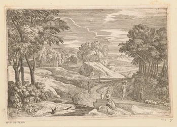 Arkadische Landschaft mit einer Frau bei einer Vase und anderen Figuren