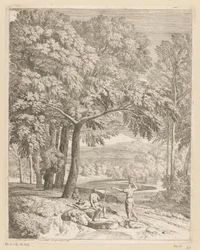 Arkadische Landschaft mit zwei Männern und einer korbtragenden Frau