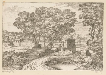 Arkadische Landschaft mit zwei Frauen an einem Brunnen