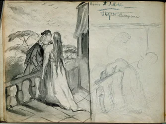 Die Liebenden Romeo und Julia. Illustration des gleichnamigen Stücks von William Shakespeare (1564-1616), die Liebende zeigt, die sich auf dem Balkon küssen. Skizze von Theodore Chasseriau (1819-1856) Paris. Louvre Museum