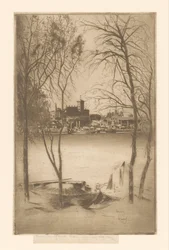 Ansicht eines Flusses mit Hafen und Industrie