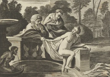 Susanna, teilweise nackt und aus einem Brunnen tretend, mit zwei Ältesten links, einer o..., ca. 1656-60