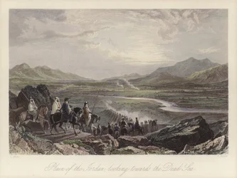 Ebene des Jordanflusses in Richtung Totes Meer (farbiger Stich)