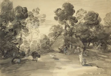 Waldlandschaft mit Figuren, Hütte und Kuh