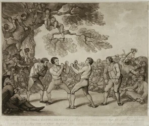 Der Boxkampf zwischen Daniel Mendoza und Richard Humphreys in Stilton, Huntingdonshire, 6. Mai 1789, graviert von Joseph Grozer