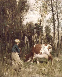 Mädchen treibt eine Kuh