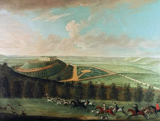 Ansicht von Belvoir Castle von Südwesten, mit der Belvoir-Jagd in vollem Lauf, 1730