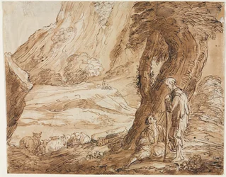 Landschaft mit Schafen und zwei Hirten