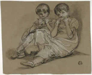 Zwei Mädchen spielen auf Kämmen (recto); Skizze einer sitzenden Frau mit Fragment einer anderen Figur (verso)