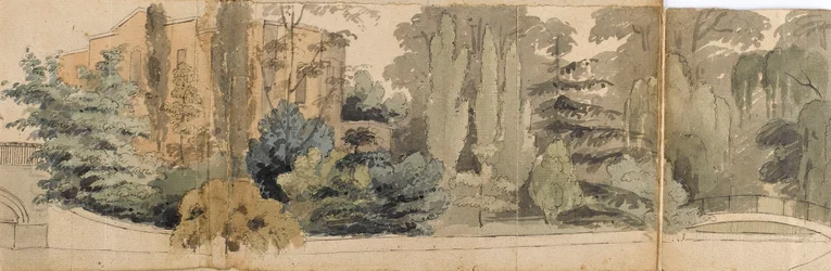 Ansicht der Vorderseite von Merton Place, vom Fluss aus gesehen, mit zwei Brücken