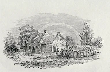 Hahnenkampf vor einem Gasthaus, ca. 1801, aus „Landvögel“, veröffentlicht 1805