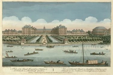 Ansicht des Royal Hospital in Chelsea und der Rotunde in den Ranelaigh Gardens, veröffentlicht von Robert Sayer, 1751