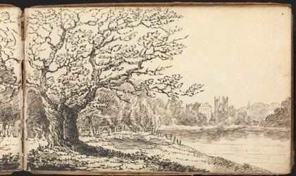 Album mit Landschafts- und Figurenstudien: Bäume entlang eines Flusses mit Gebäuden in der Ferne