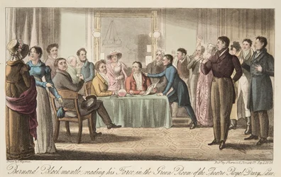 Bernard Blackmantle liest seine Farce im Green Room des Covent Garden Theatre, aus The English Spy, veröffentlicht 1824