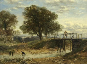 Landschaft mit Bach, Brücke und Hütte