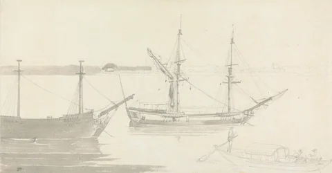 Zwei vor Anker liegende Schiffe und ein Fischerboot