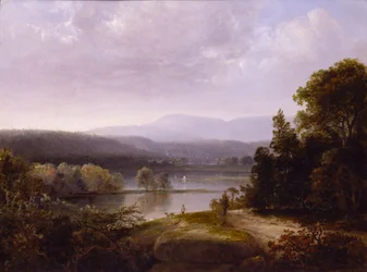 Flussansicht mit Jägern und Hunden