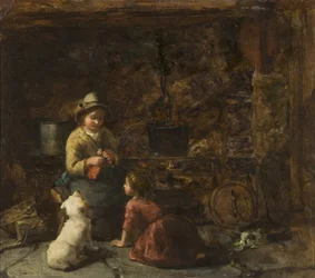 Hütteninterieur mit zwei Kindern, ca. 1850