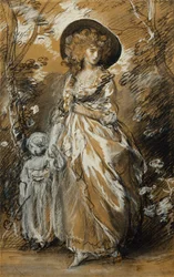 Eine Dame, die in einem Garten spaziert und ihr kleines Kind an der Hand hält; möglicherweise eine Studie für The Richmond Water-Walk