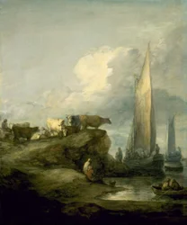 Küstenszene mit Schiffen und Vieh