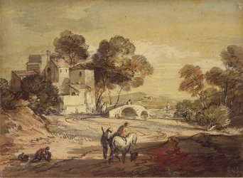 Italienische Landschaft mit Reisenden auf einer kurvenreichen Straße, 1775-1779