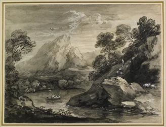 Bergige Landschaft mit einem Boot auf einem See, 1777-80