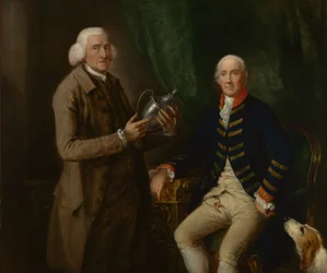 Porträt von William Anne Hollis, 4. Earl of Essex, überreicht Thomas Clutterbuck von Watford einen Pokal, um 1784-1785