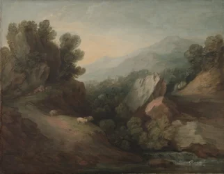 Felsige, bewaldete Landschaft mit einer Schlucht und einem Wehr, ca. 1782-83
