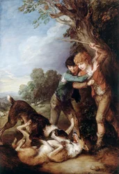 Zwei Hirtenjungen mit kämpfenden Hunden