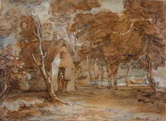 Waldlandschaft, Hütte, Figuren und Boot auf dem See