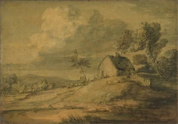 Waldlandschaft mit Hütte, Kühen und Schafen, ca. 1770