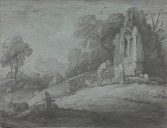 Bewaldete Landschaft mit Bauer, der einen Grabstein liest, rustikale Liebhaber und verfallene Kirche