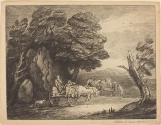 Bewaldete Landschaft mit zwei Landkarren und Figuren