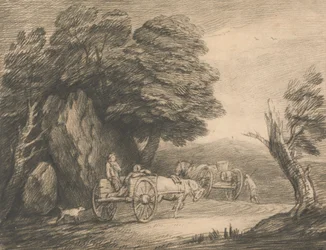 Bewaldete Landschaft mit zwei Landkarren und Figuren
