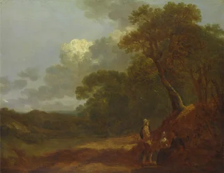Bewaldete Landschaft mit einem Mann, der mit zwei sitzenden Frauen spricht