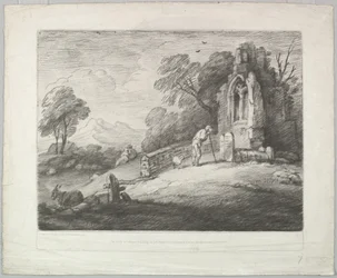 Waldlandschaft mit einem Bauern, der einen Grabstein liest, rustikale Liebhaber und eine Ruine, 1. August 1797