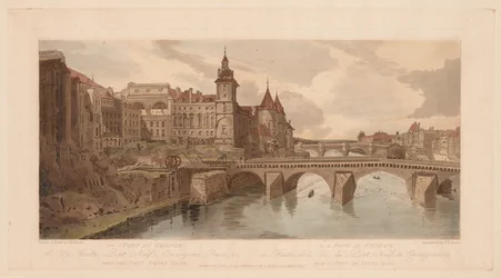 Eine Auswahl von zwanzig der malerischsten Ansichten in Paris: Blick auf Pont au Change, das Stadttheater, Pont Neuf, Conciergerie-Gefängnis usw. vom Pont Notre Dame aus