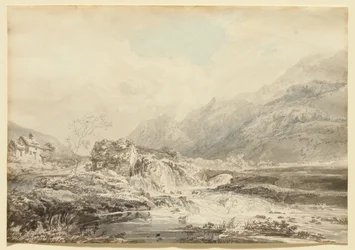 Gebirgslandschaft mit oberschlächtiger Mühle und Brücke