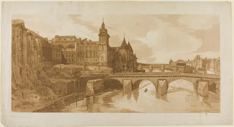 Ansicht von Pont au Change, dem Stadttheater, Pont Neuf, Conciergerie-Gefängnis usw. vom Pont Notre Dame aus, aus einer Auswahl von zwanzig der malerischsten Ansichten in Paris