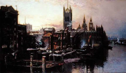 Ansicht der Houses of Parliament vom Fluss Thames, London