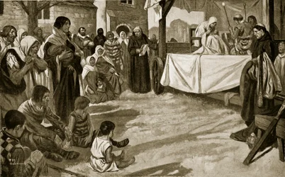 Die Aufführung eines frühen Mysterienspiels, Illustration aus 