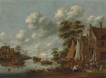 Flusslandschaft mit Fähren und anderen Schiffen, Figuren steigen bei einem Gasthaus aus