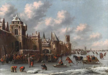 Winterlandschaft mit Schlittschuhläufern und Schlittenfahrern auf einem zugefrorenen Graben bei einer befestigten Stadt