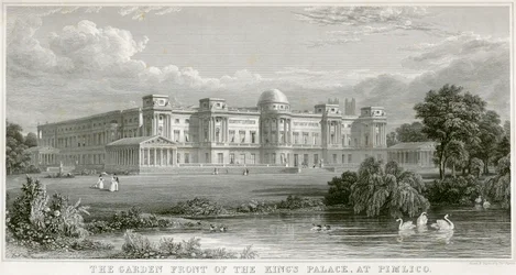 Die Gartenfront des Königspalastes in Pimlico, Buckingham Palace, London, 1829